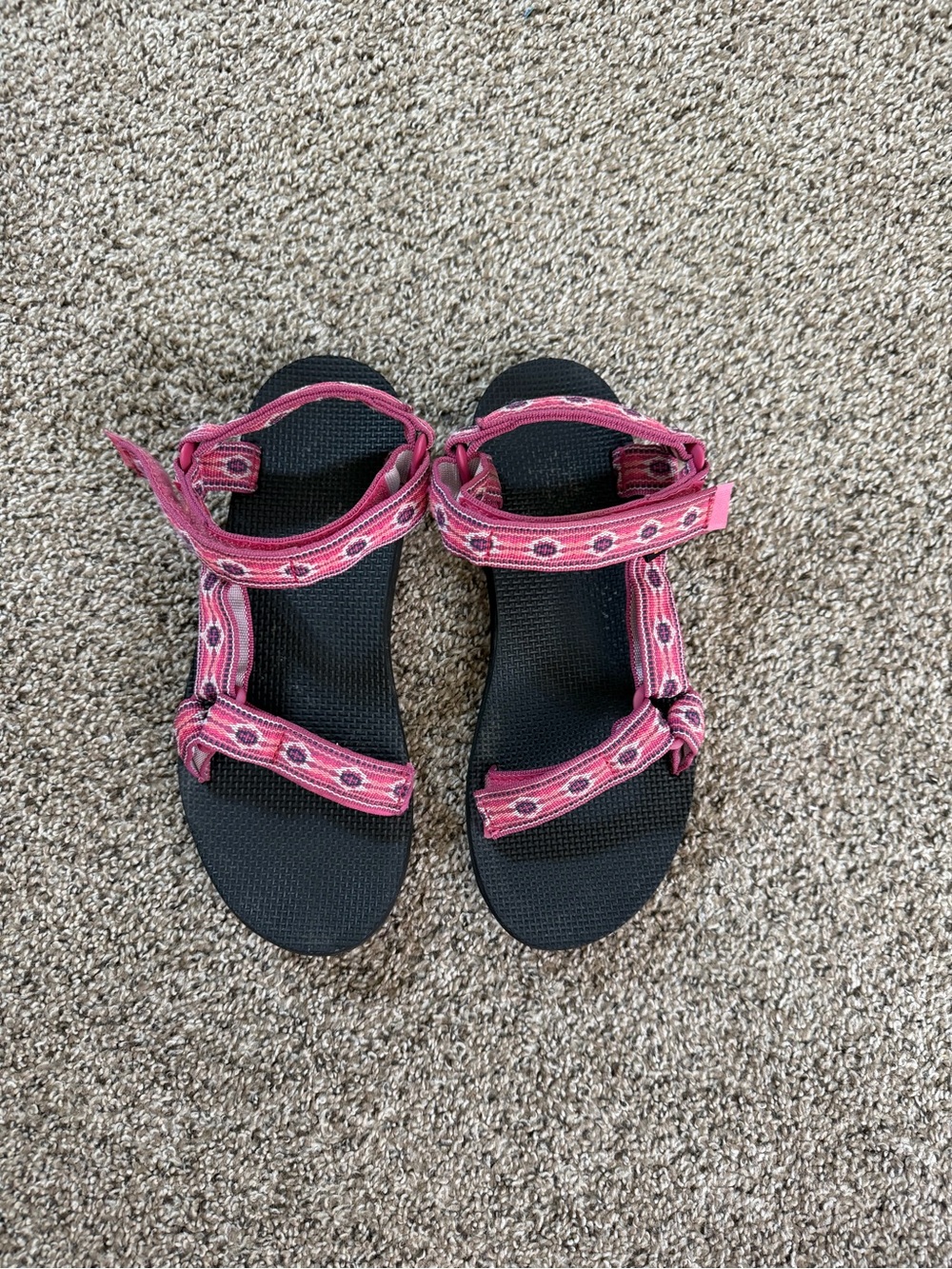Pink and Purple Patterned Strap Teva Sandals on Black Footbed